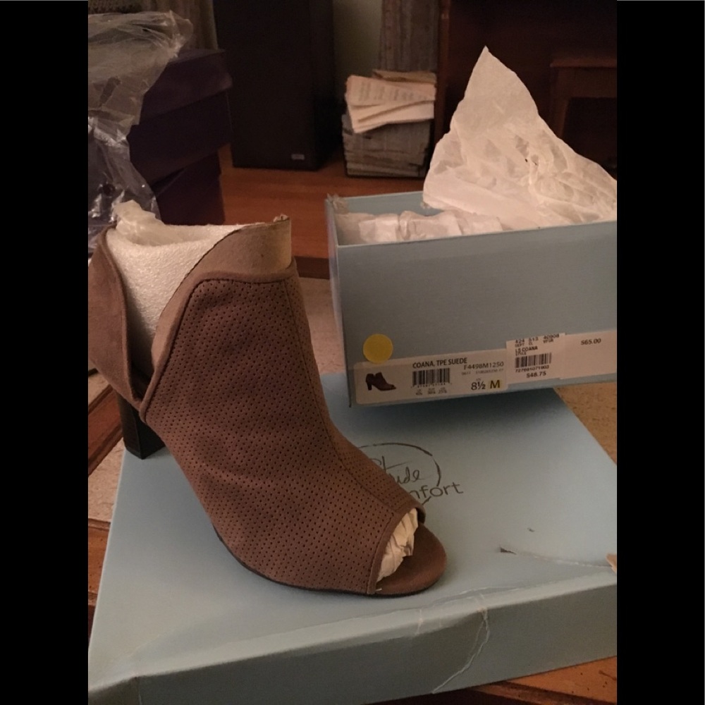 Tan open toe booties